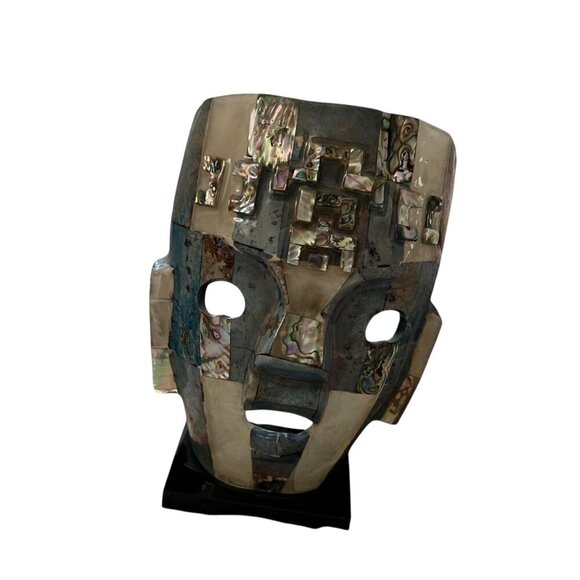 Vintage Mayan‎ Turquoise & Abalone Mosaic Death Mask On Black Stone Base - Picture 8 of 15